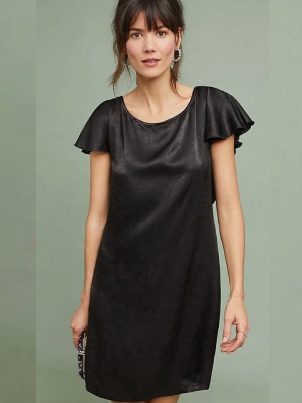 The Odells Flounce Dress Satin Flounce Flutter-Sleeve Black Mini Dress